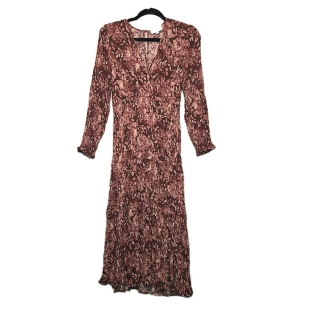 BOHME Floral Long Sleeve Maxi Dress Size Small Roses Smocked Flowy Boho Chic - Picture 2 of 12